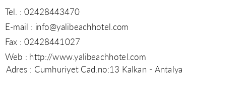 Yal Beach Hotel telefon numaralar, faks, e-mail, posta adresi ve iletiim bilgileri